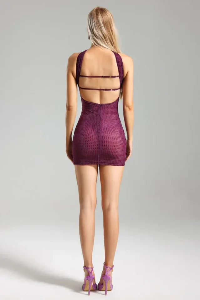 Back view of a woman in a purple sheer rhinestone mini dress with a halter neckline and open back.