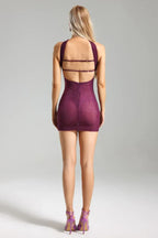 Back view of a woman in a purple sheer rhinestone mini dress with a halter neckline and open back.
