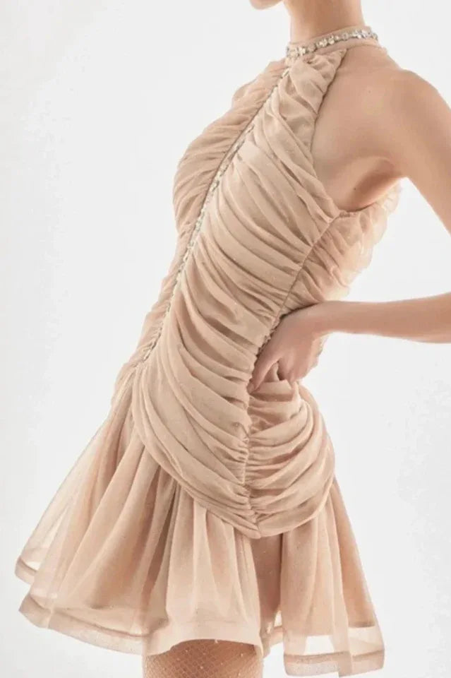 Draped Crystal Stone Detail Design Dress - WEUXS