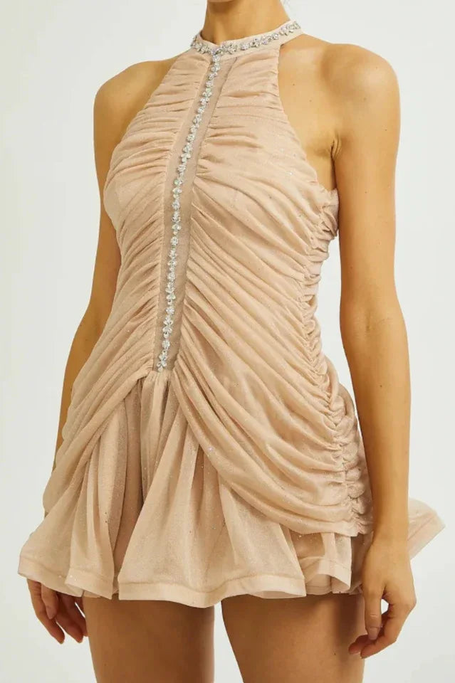 Draped Crystal Stone Detail Design Dress - WEUXS