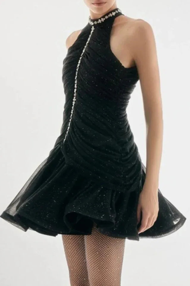 Draped Halter Neck Embellished Dress - View 9 | WEUXS