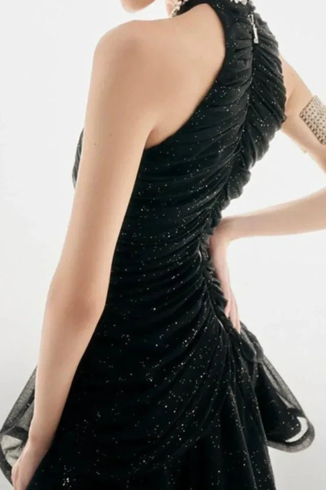 Draped Halter Neck Embellished Dress - View 10 | WEUXS