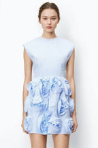 Woman wearing a blue and white striped mini dress with floral embellishments on the skirt.