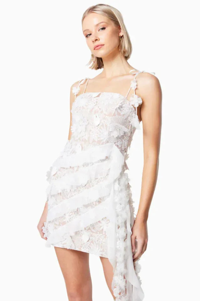 White lace mini dress with spaghetti straps and 3D floral embellishments Main image