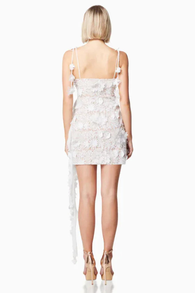 Back view of a white lace mini dress with floral appliques