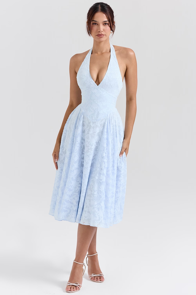 Bluebell Floral Jacquard Halter Midi Dress | Dress In Beauty