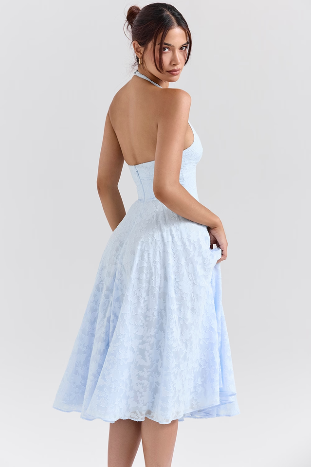 Bluebell Floral Jacquard Halter Midi Dress | Dress In Beauty