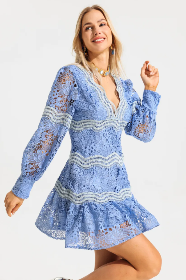V-Neck Puff Sleeve Lace Mini Dress | Dress In Beauty