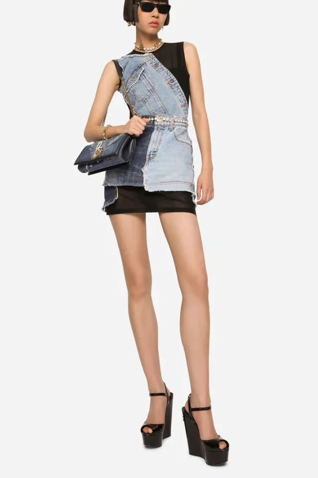 Patchwork Mini Dress with Deconstructed Denim Secondary image