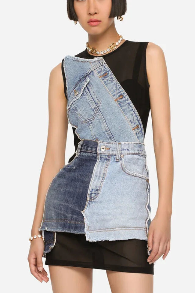 Woman wearing a black sleeveless mesh dress with a deconstructed light blue denim overlay and distressed hem. Main image