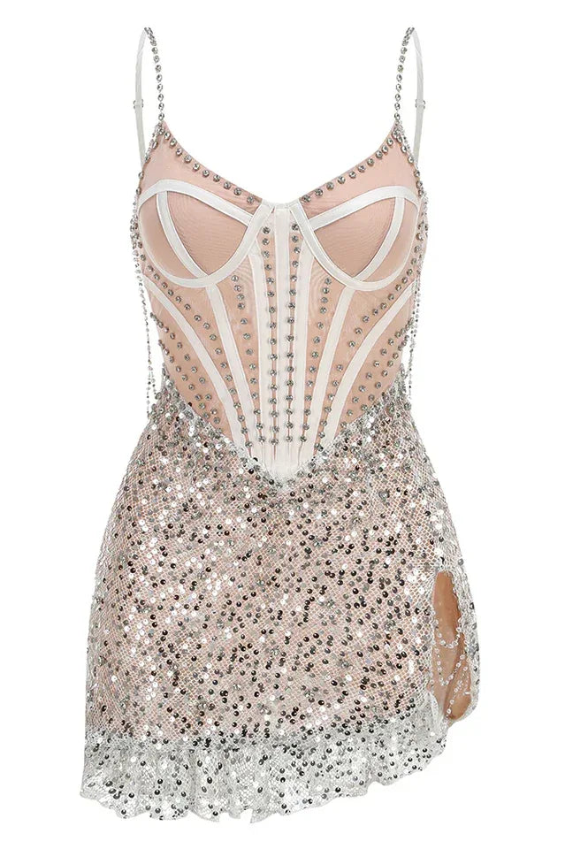 Sequin mini dress with corset detail - View 8 | WEUXS