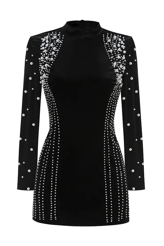 Black long sleeve beaded mini dress - View 7 | WEUXS