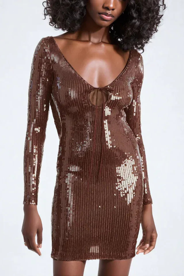 Front view of a brown sequined long sleeve dress with a tie-front detail.