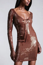 Woman wearing a brown sequined long sleeve mini dress with a tie-front detail and plunging neckline.
