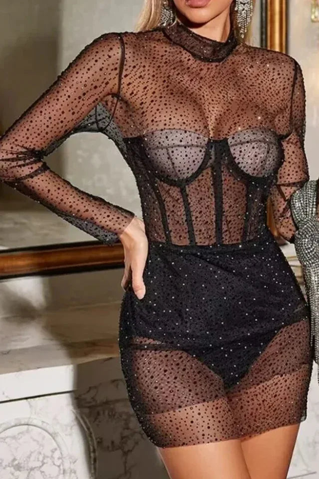 Black embellished mesh mini dress with high neck and long sleeves Main image