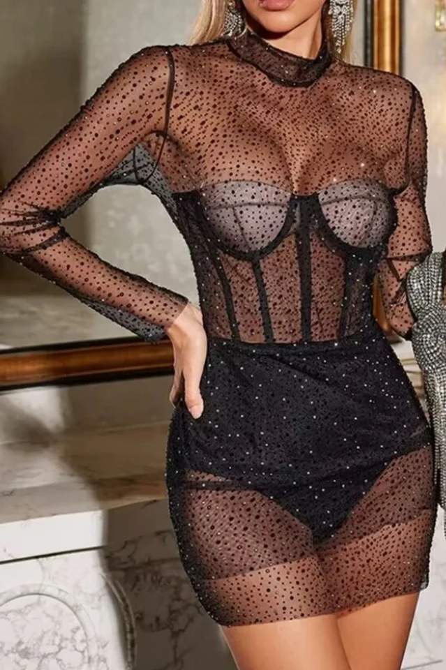 Adele Black Mesh Diamond Mini Dress | Dress In Beauty