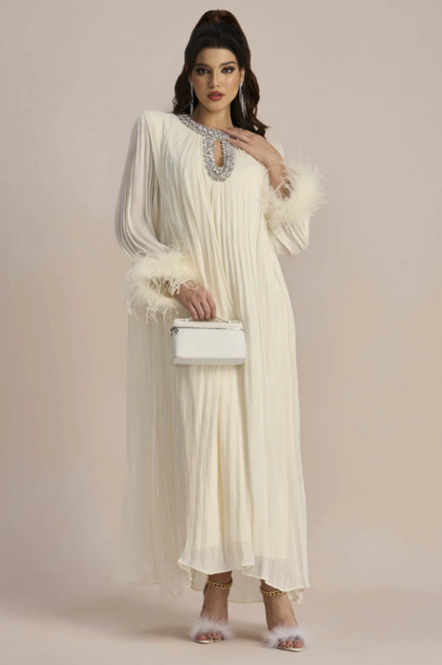 Yvonne Diamante Feathered Pleated Dress | Dress In Beauty