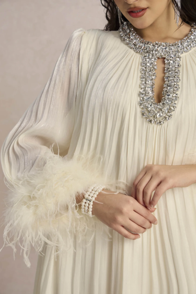 Yvonne Diamante Feathered Pleated Dress | Dress In Beauty