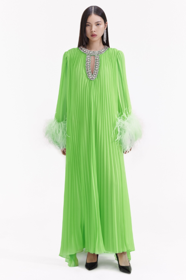 Yvonne Diamante Feathered Pleated Dress | Dress In Beauty