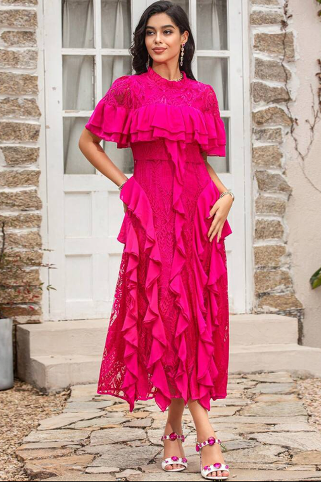 Oriana Pink Solid Lace Frill Midi Dress | Dress In Beauty