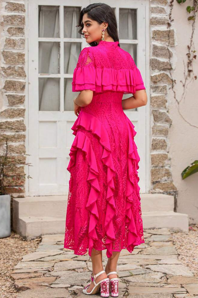 Oriana Pink Solid Lace Frill Midi Dress | Dress In Beauty