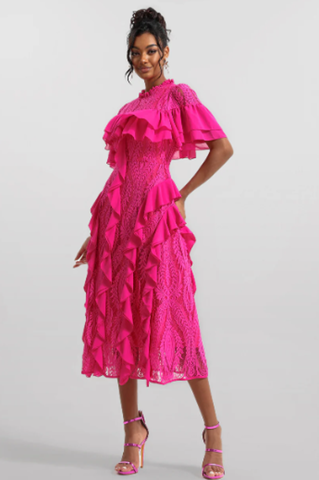 Oriana Pink Solid Lace Frill Midi Dress | Dress In Beauty