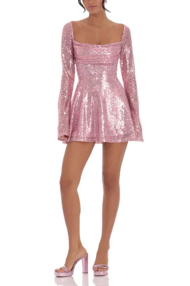 Sequin Mini Dress with Flared Sleeves in Rose Gold - View 8 | WEUXS