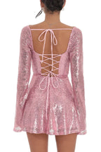 Sequin Mini Dress with Flared Sleeves in Rose Gold - View 7 | WEUXS