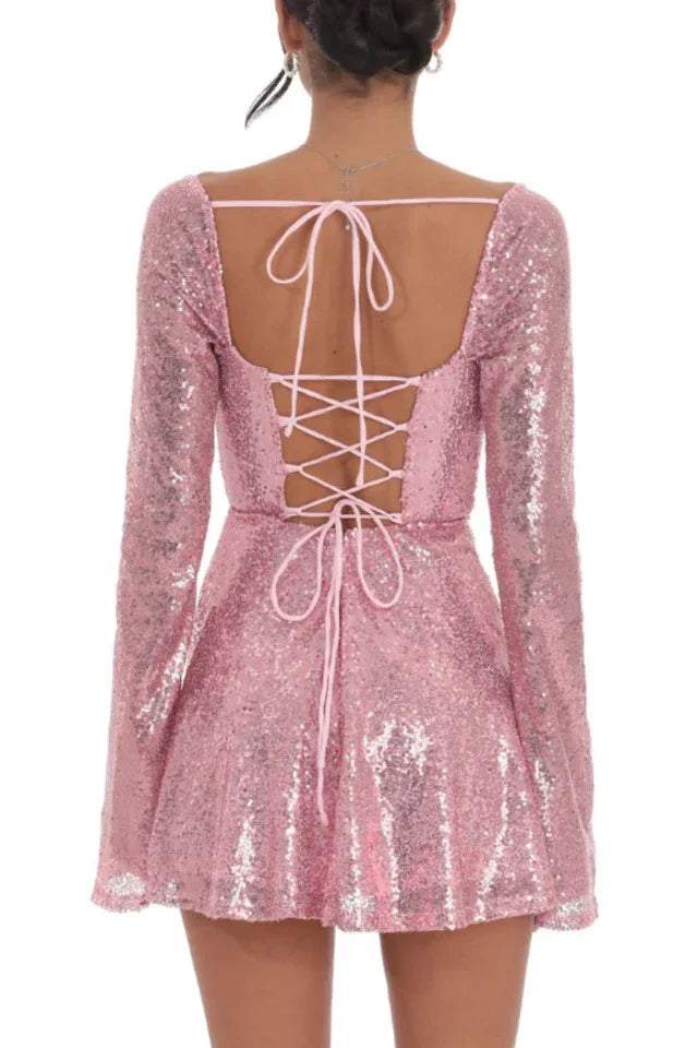 Sequin Mini Dress with Flared Sleeves in Rose Gold - View 7 | WEUXS