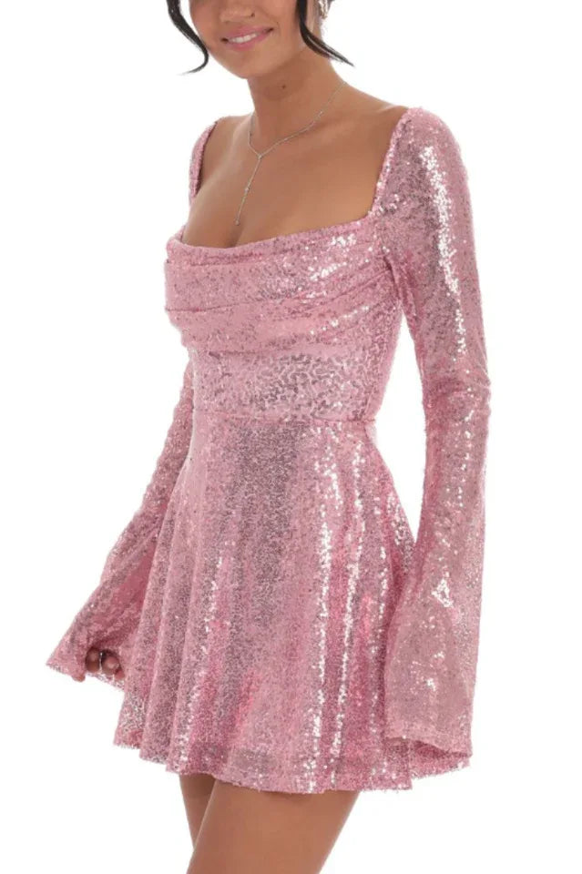 Sequin Mini Dress with Flared Sleeves in Rose Gold - View 6 | WEUXS