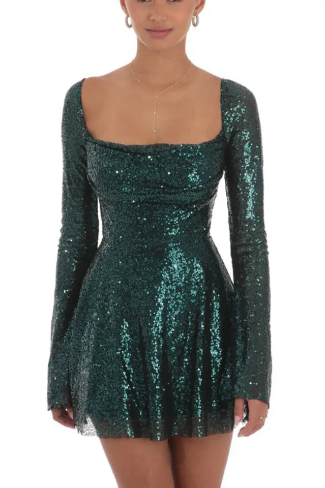 Sequin Flare Dress in Rose Gold - WEUXS