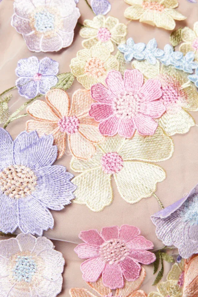 Close-up of pastel floral embroidery on a sheer fabric
