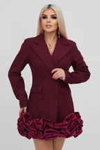 Burgundy double-breasted blazer dress with ruffled hem