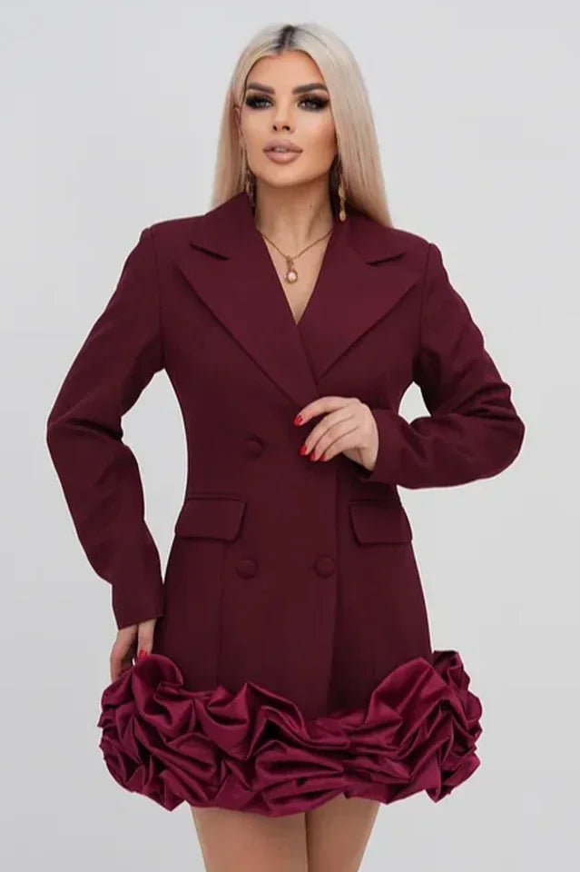 Burgundy double-breasted blazer dress with ruffled hem
