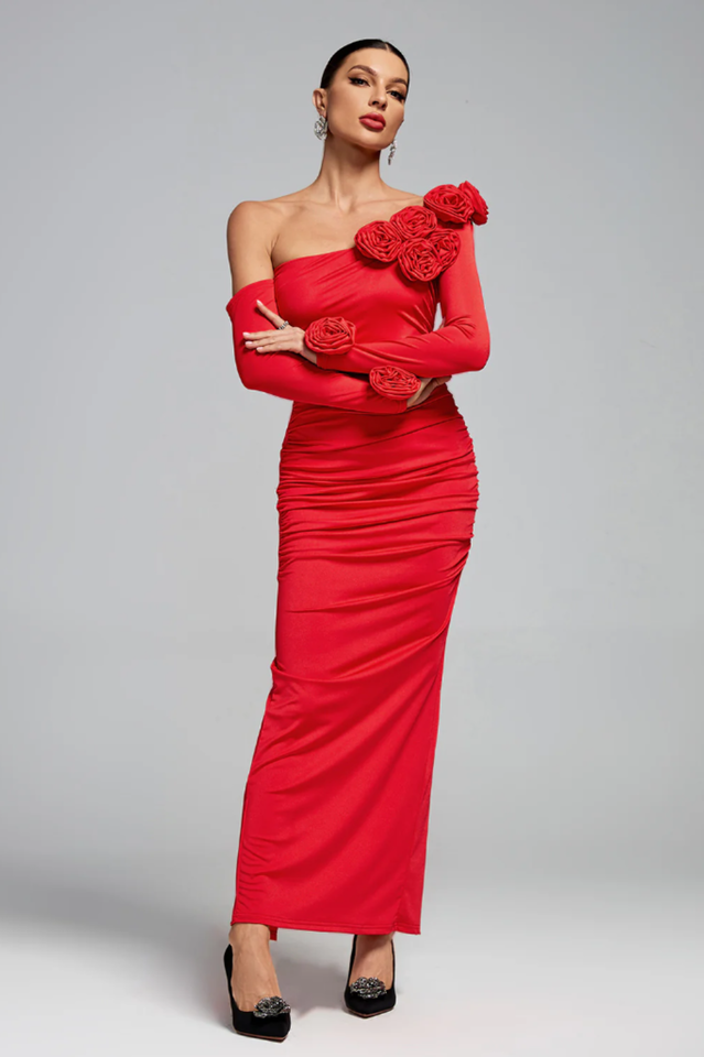 Slanted Shoulder Ruched Rose Flowers Dress | Dress In Beauty