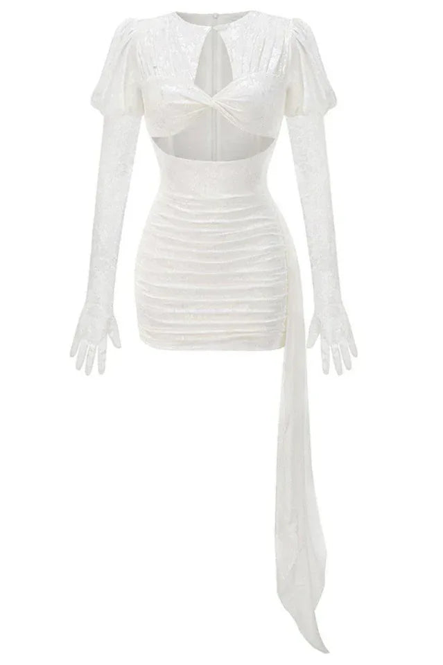 Draped Mini Dress with Cut-Outs & Puff Sleeves - View 6 | WEUXS
