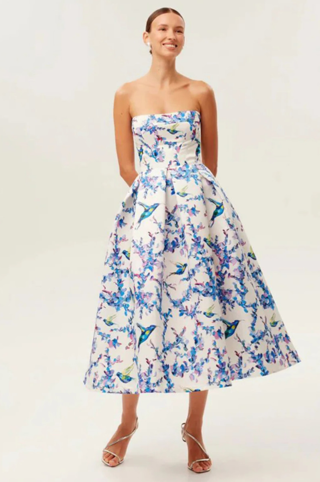 Strapless Floral Corset A Line Midi Dress | Dress In Beauty