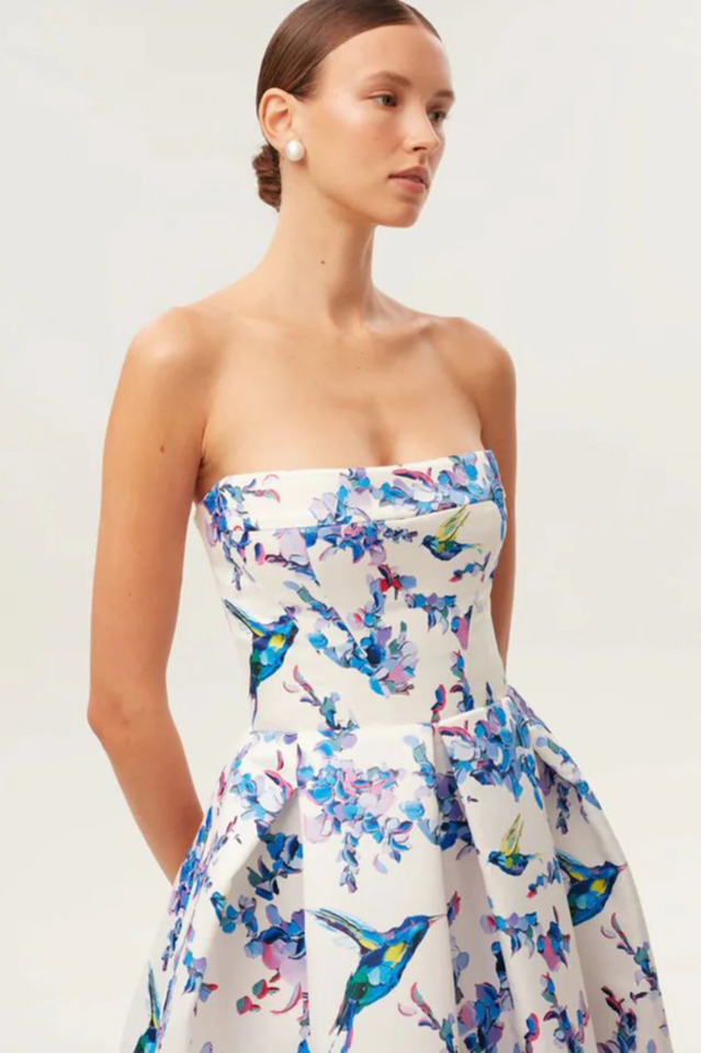 Strapless Floral Corset A Line Midi Dress | Dress In Beauty