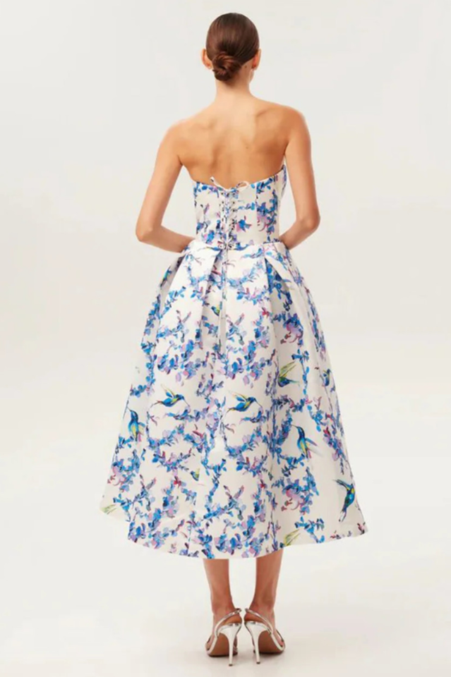 Strapless Floral Corset A Line Midi Dress | Dress In Beauty