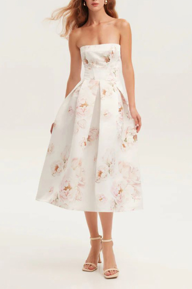 Strapless Floral Corset A Line Midi Dress | Dress In Beauty