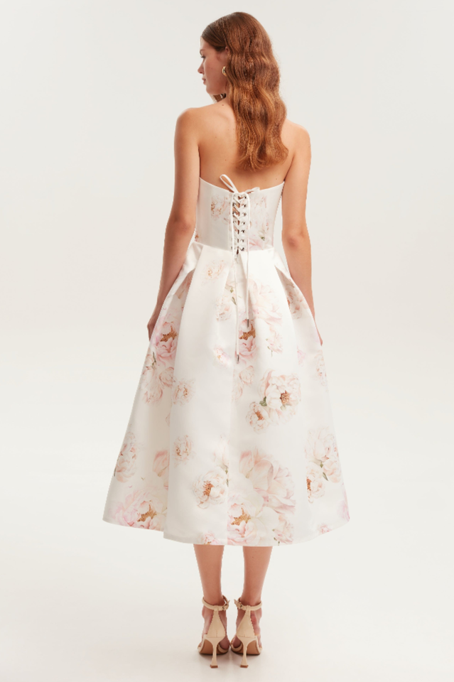 Strapless Floral Corset A Line Midi Dress | Dress In Beauty