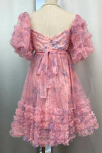 Floral print mini dress with puff sleeves and tiered ruffle hem - View 6 | WEUXS