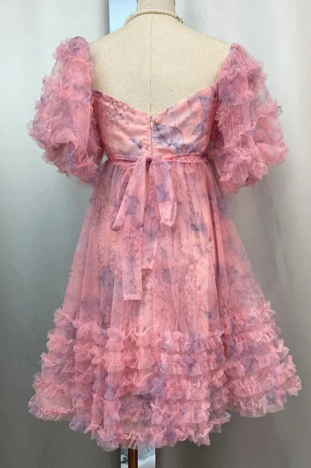 Floral print mini dress with puff sleeves and tiered ruffle hem - View 6 | WEUXS