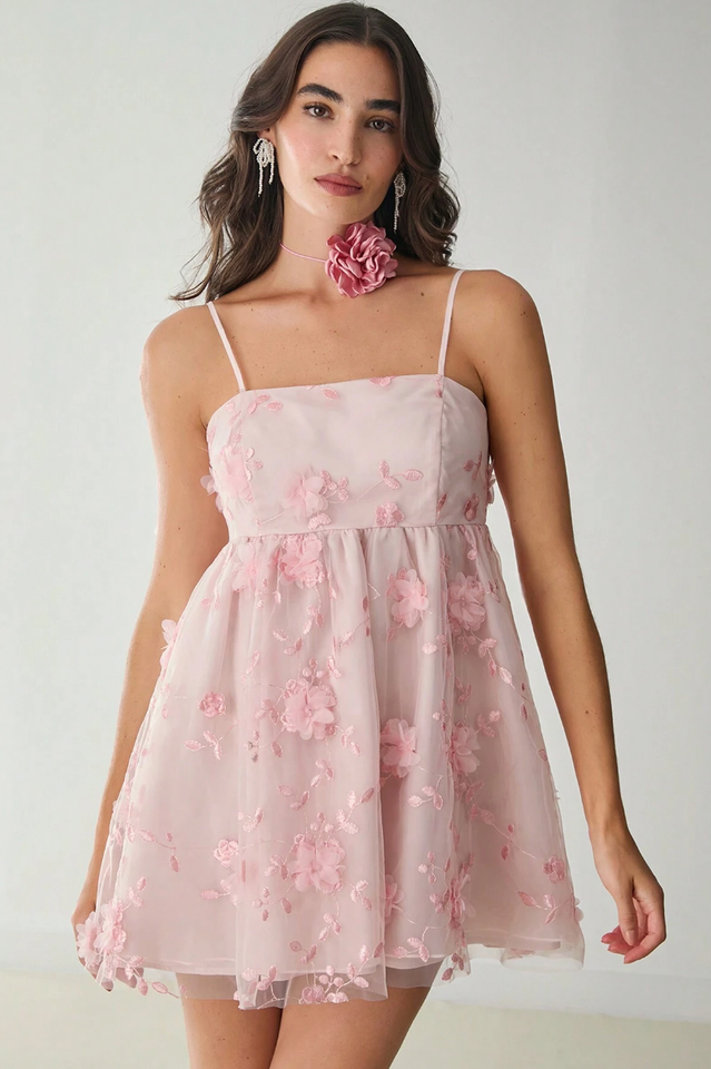 Floral Applique Decor Mesh Slip Dress | Dress In Beauty
