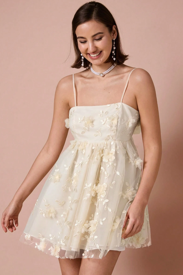 Floral Applique Decor Mesh Slip Dress | Dress In Beauty