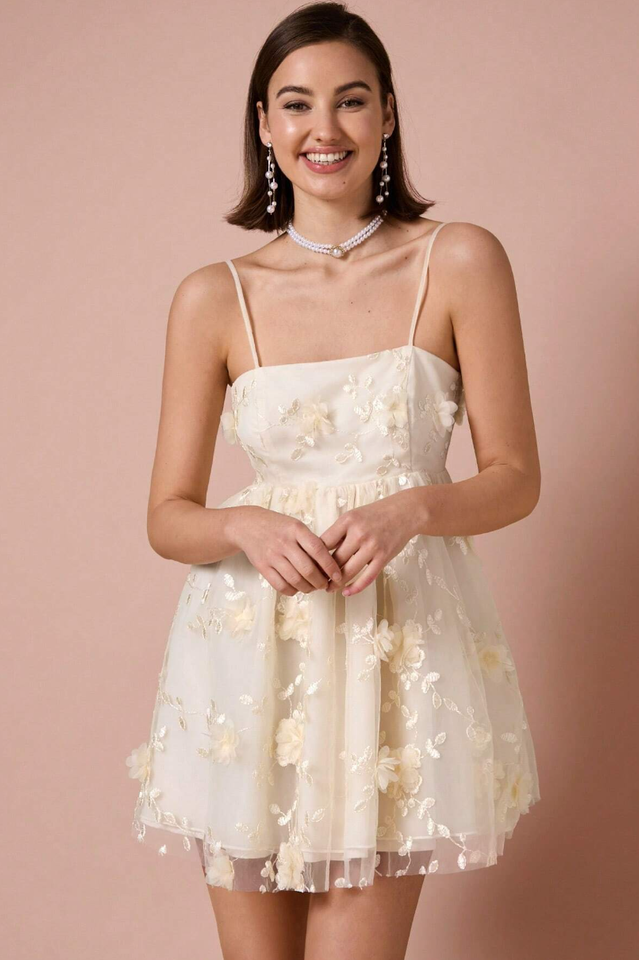 Floral Applique Decor Mesh Slip Dress | Dress In Beauty