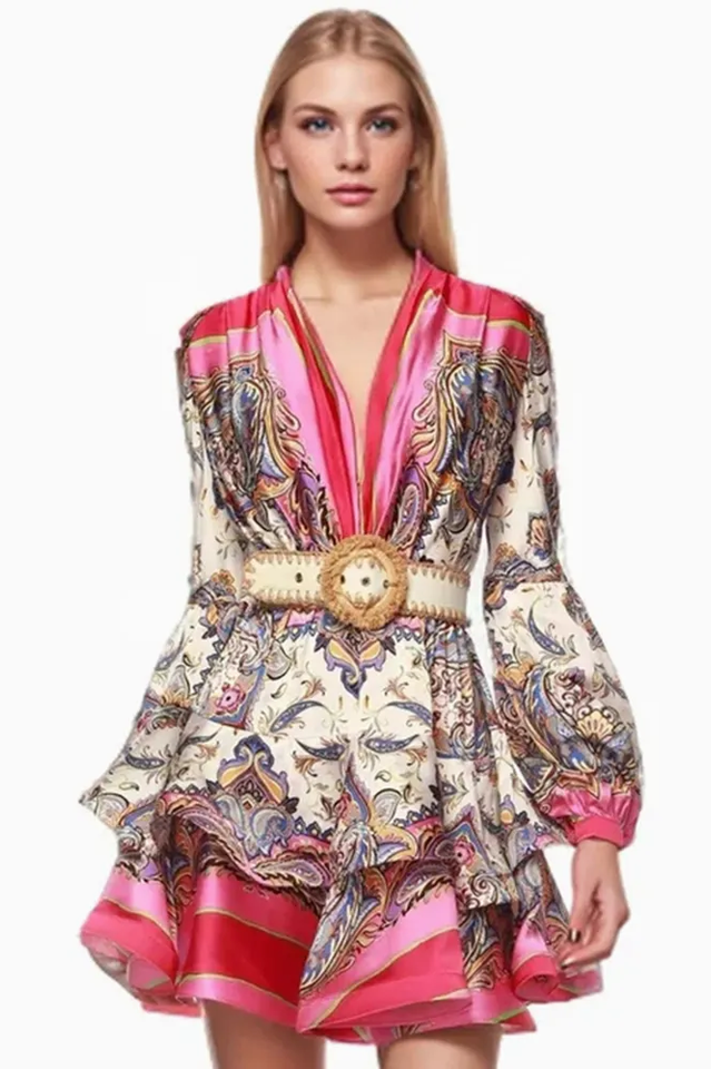 Paisley Print V-Neck Mini Dress With Belt | Dress In Beauty