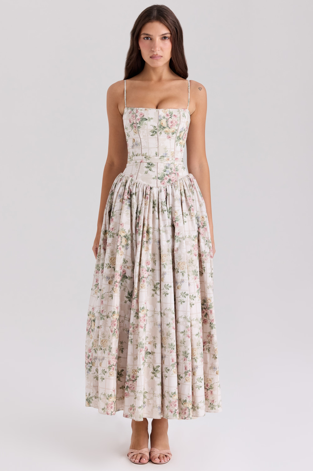 Vintage Rose Print Cotton Midi Sundress | Dress In Beauty