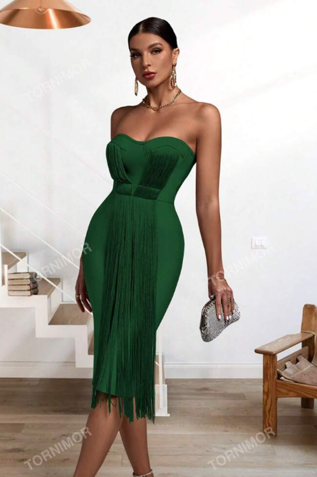 Strapless Sleeveless Tassels Midi Bandage Dress | Dress In Beauty