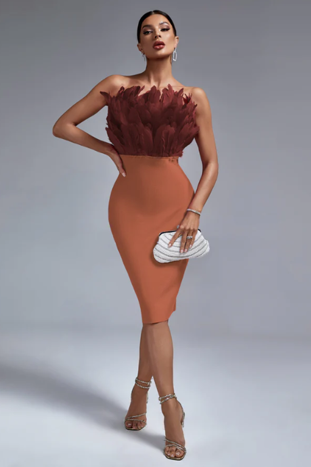 Parry Feather Strapless Midi Bandage Dress | Dress In Beauty